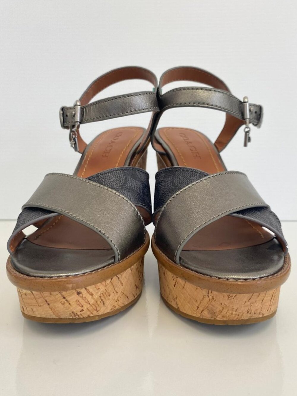 COACH Cross Band High Wedge Sandals ā Gunmetal